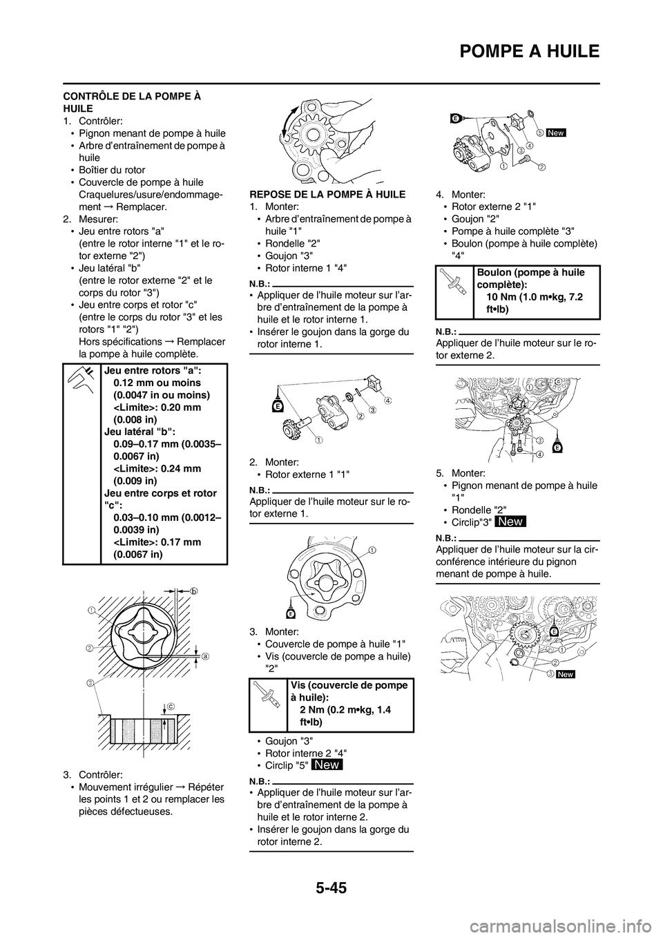 YAMAHA WR 450F 2008  Notices Demploi (in French) 5-45
POMPE A HUILE
CONTRÔLE DE LA POMPE À 
HUILE
1. Contrôler:
•Pignon menant de pompe à huile
•Arbre d’entraînement de pompe à 
huile
•Boîtier du rotor
•Couvercle de pompe à huile
C