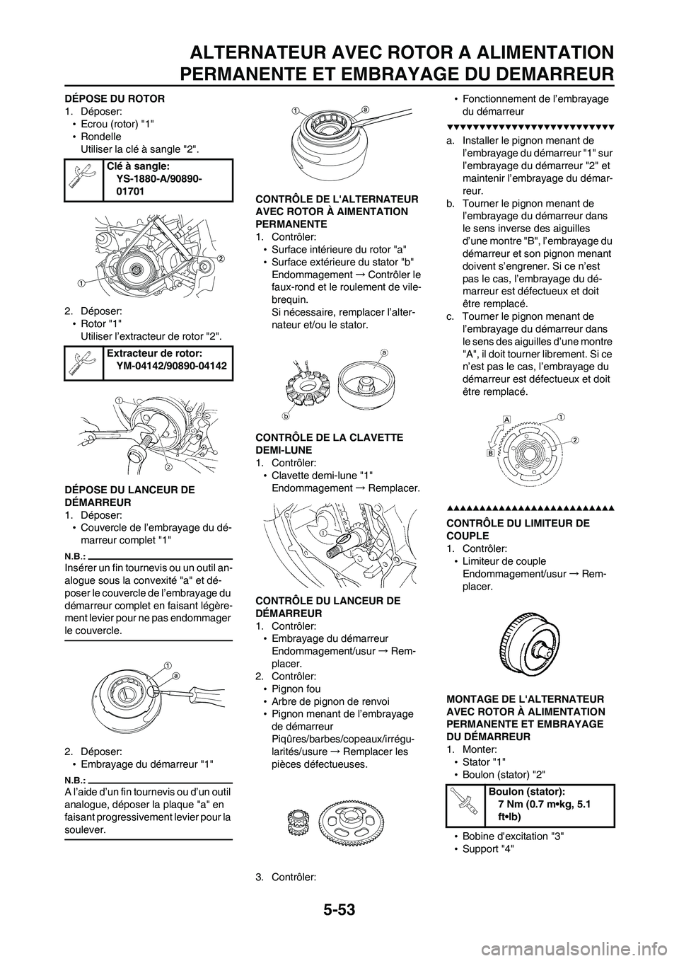 YAMAHA WR 450F 2008  Notices Demploi (in French) 5-53
ALTERNATEUR AVEC ROTOR A ALIMENTATION
PERMANENTE ET EMBRAYAGE DU DEMARREUR
DÉPOSE DU ROTOR
1. Déposer:
•Ecrou (rotor) "1"
•Rondelle
Utiliser la clé à sangle "2".
2. Déposer:
•Rotor "1"