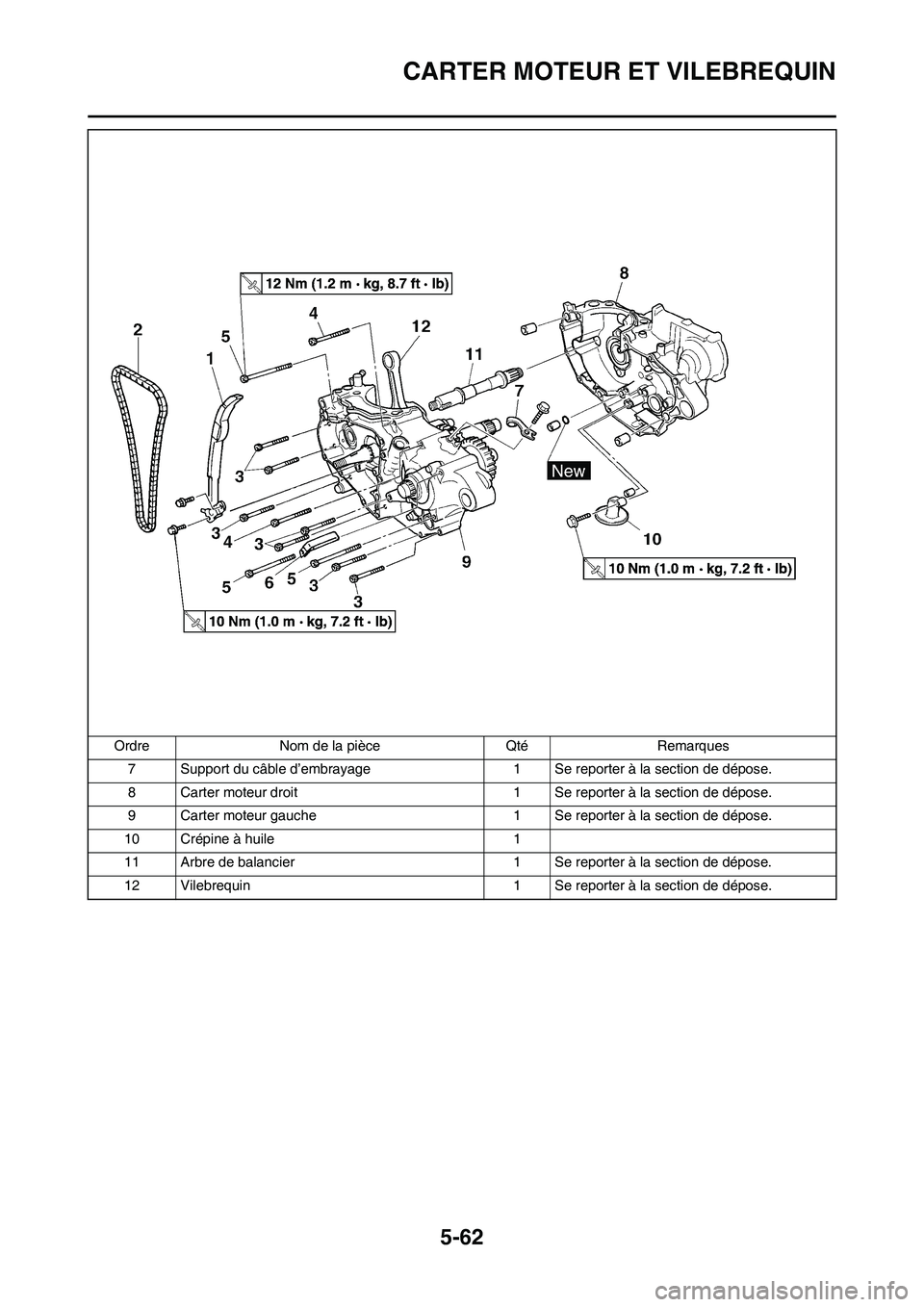 YAMAHA WR 450F 2008  Notices Demploi (in French) 5-62
CARTER MOTEUR ET VILEBREQUIN
7 Support du câble d’embrayage 1 Se reporter à la section de dépose.
8 Carter moteur droit 1 Se reporter à la section de dépose.
9 Carter moteur gauche 1 Se re