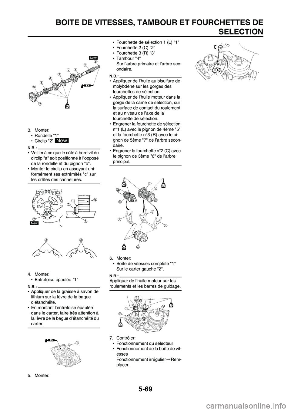 YAMAHA WR 450F 2008  Notices Demploi (in French) 5-69
BOITE DE VITESSES, TAMBOUR ET FOURCHETTES DE
SELECTION
3. Monter:
•Rondelle "1"
•Circlip "2" 
•Veiller à ce que le côté à bord vif du 
circlip "a" soit positionné à l’opposé 
de la