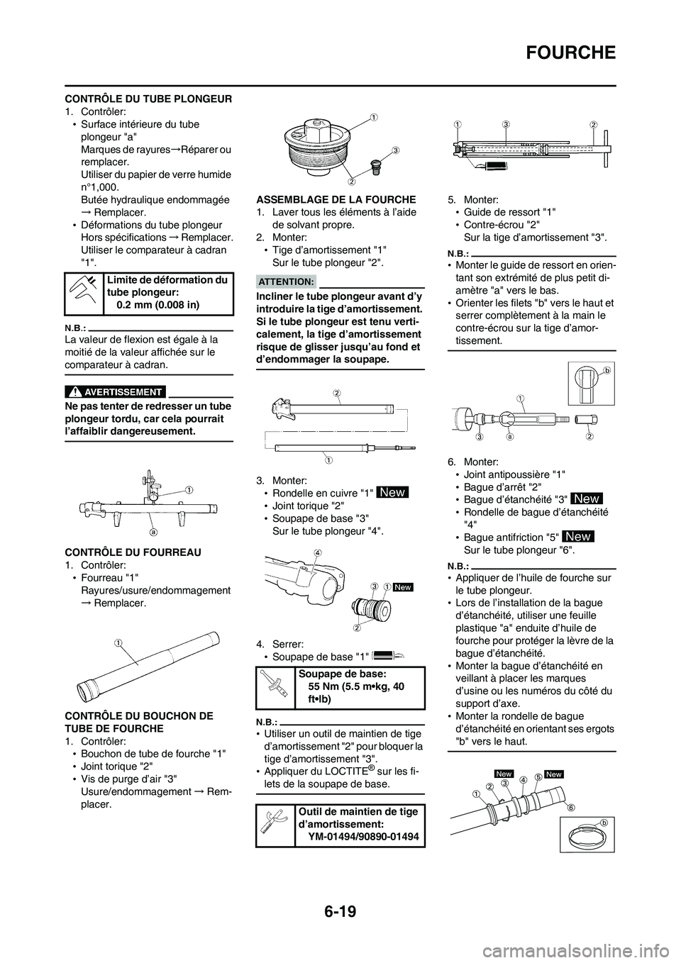 YAMAHA WR 450F 2008  Notices Demploi (in French) 6-19
FOURCHE
CONTRÔLE DU TUBE PLONGEUR
1. Contrôler:
•Surface intérieure du tube 
plongeur "a"
Marques de rayures→Réparer ou 
remplacer.
Utiliser du papier de verre humide 
n°1,000.
Butée hy