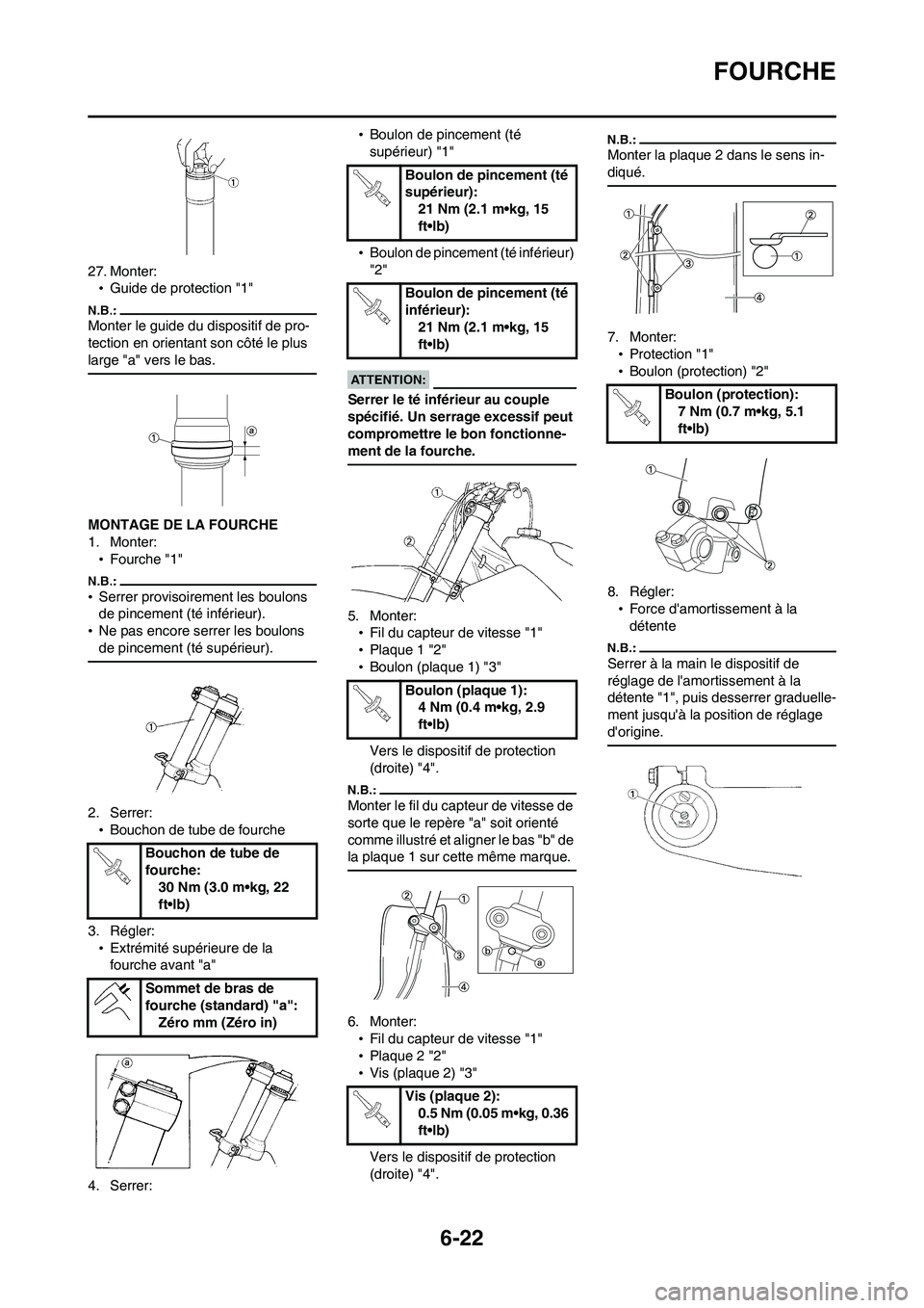 YAMAHA WR 450F 2008  Notices Demploi (in French) 6-22
FOURCHE
27. Monter:
•Guide de protection "1" 
Monter le guide du dispositif de pro-
tection en orientant son côté le plus 
large "a" vers le bas.
MONTAGE DE LA FOURCHE
1. Monter:
•Fourche "