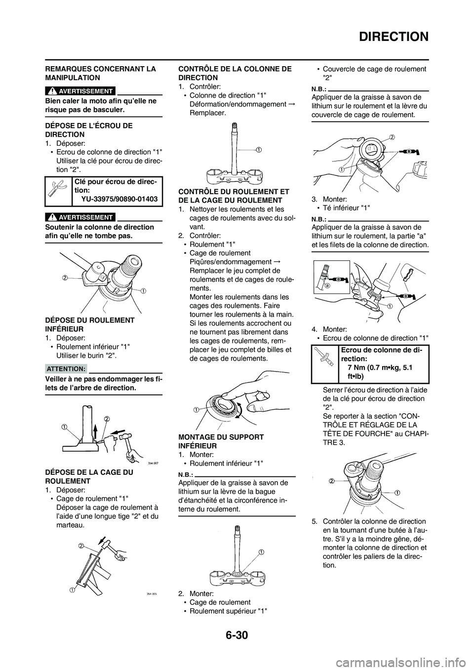 YAMAHA WR 450F 2008  Notices Demploi (in French) 6-30
DIRECTION
REMARQUES CONCERNANT LA 
MANIPULATION
Bien caler la moto afin qu’elle ne 
risque pas de basculer.
DÉPOSE DE LÉCROU DE 
DIRECTION
1. Déposer:
•Ecrou de colonne de direction "1"
U