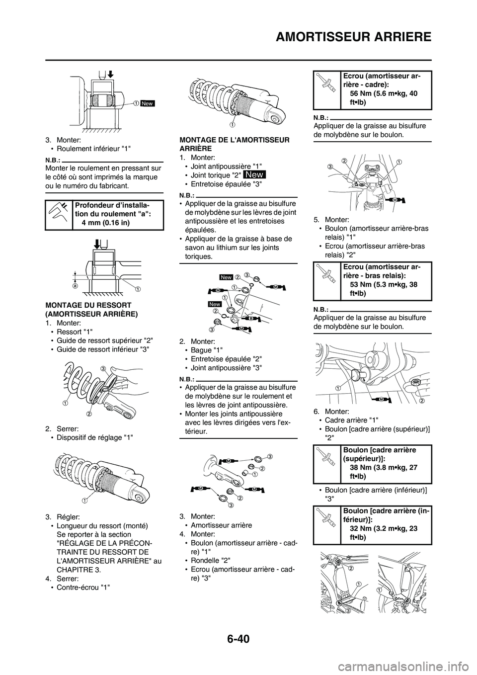 YAMAHA WR 450F 2008  Notices Demploi (in French) 6-40
AMORTISSEUR ARRIERE
3. Monter:
•Roulement inférieur "1"
Monter le roulement en pressant sur 
le côté où sont imprimés la marque 
ou le numéro du fabricant.
MONTAGE DU RESSORT 
(AMORTISSEU