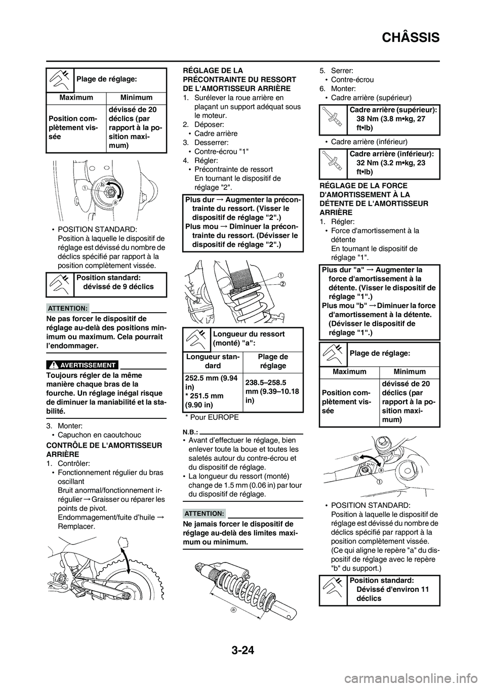 YAMAHA WR 450F 2008  Notices Demploi (in French) 3-24
CHÂSSIS
•POSITION STANDARD:
Position à laquelle le dispositif de 
réglage est dévissé du nombre de 
déclics spécifié par rapport à la 
position complètement vissée.
Ne pas forcer le 