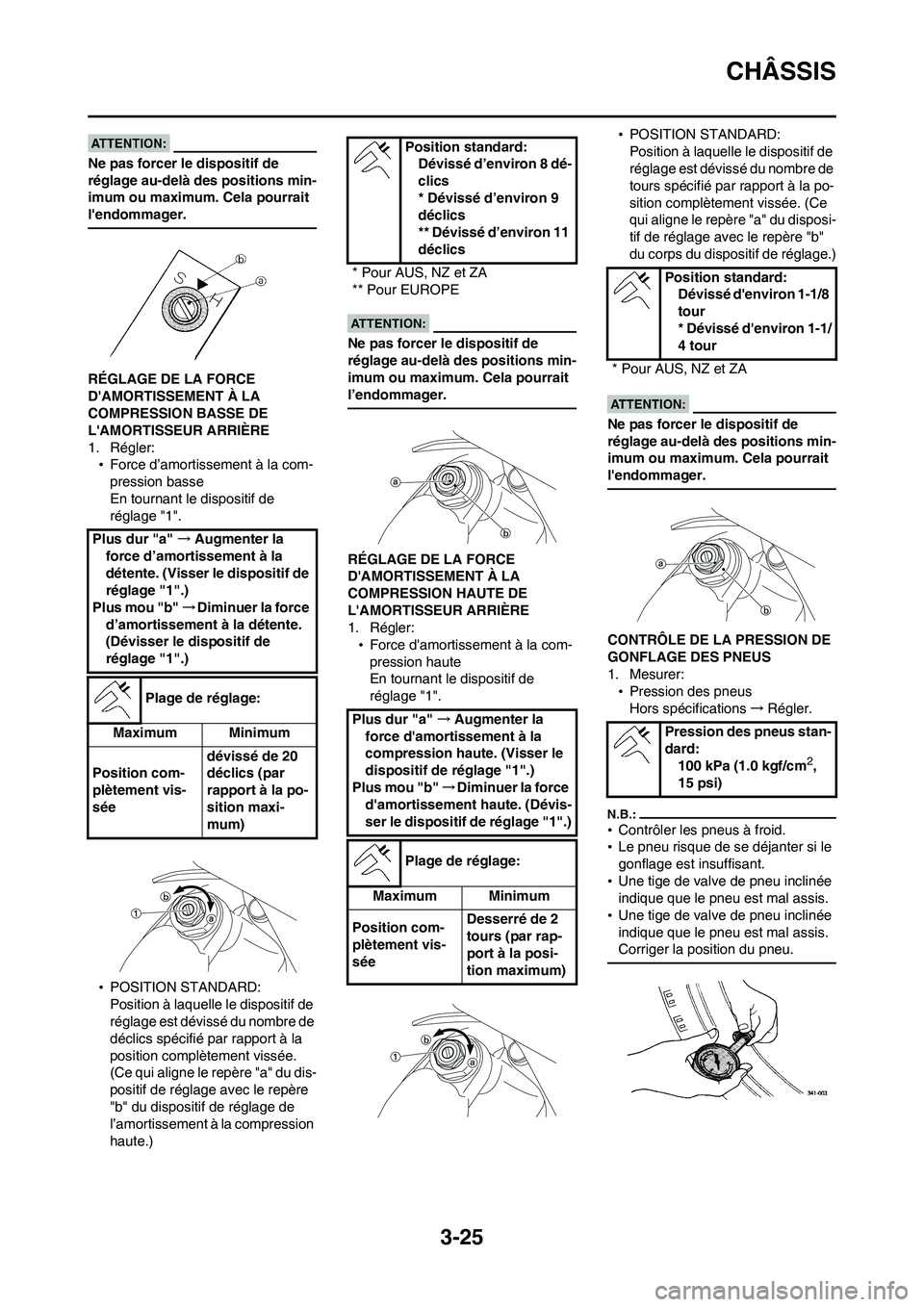 YAMAHA WR 450F 2008  Notices Demploi (in French) 3-25
CHÂSSIS
Ne pas forcer le dispositif de 
réglage au-delà des positions min-
imum ou maximum. Cela pourrait 
lendommager.
RÉGLAGE DE LA FORCE 
DAMORTISSEMENT À LA 
COMPRESSION BASSE DE 
LAM