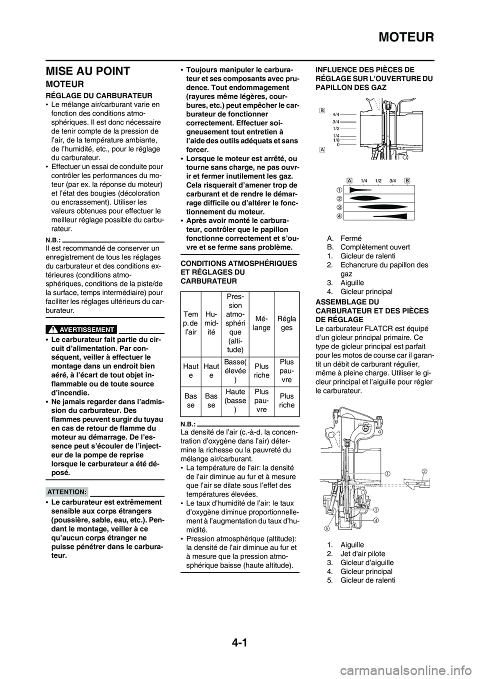 YAMAHA WR 450F 2008  Notices Demploi (in French) 4-1
MOTEUR
MISE AU POINT
MOTEUR
RÉGLAGE DU CARBURATEUR
•Le mélange air/carburant varie en 
fonction des conditions atmo-
sphériques. Il est donc nécessaire 
de tenir compte de la pression de 
l