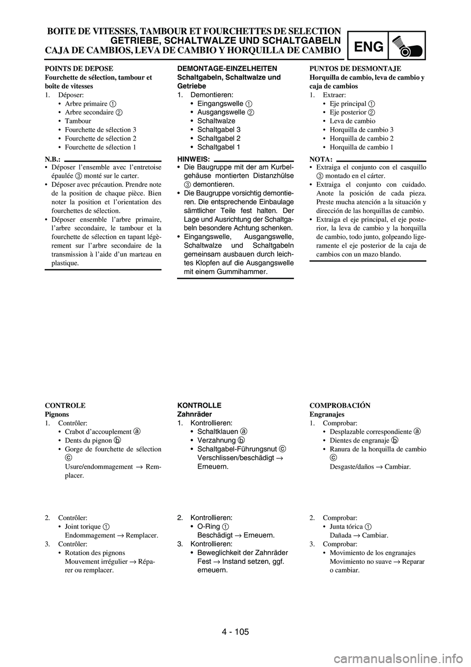 YAMAHA WR 450F 2007  Owners Manual ENG
4 - 105
DEMONTAGE-EINZELHEITEN
Schaltgabeln, Schaltwalze und 
Getriebe
1. Demontieren:
Eingangswelle 
1 
Ausgangswelle 
2 
Schaltwalze
Schaltgabel 3
Schaltgabel 2
Schaltgabel 1
HINWEIS:
Die