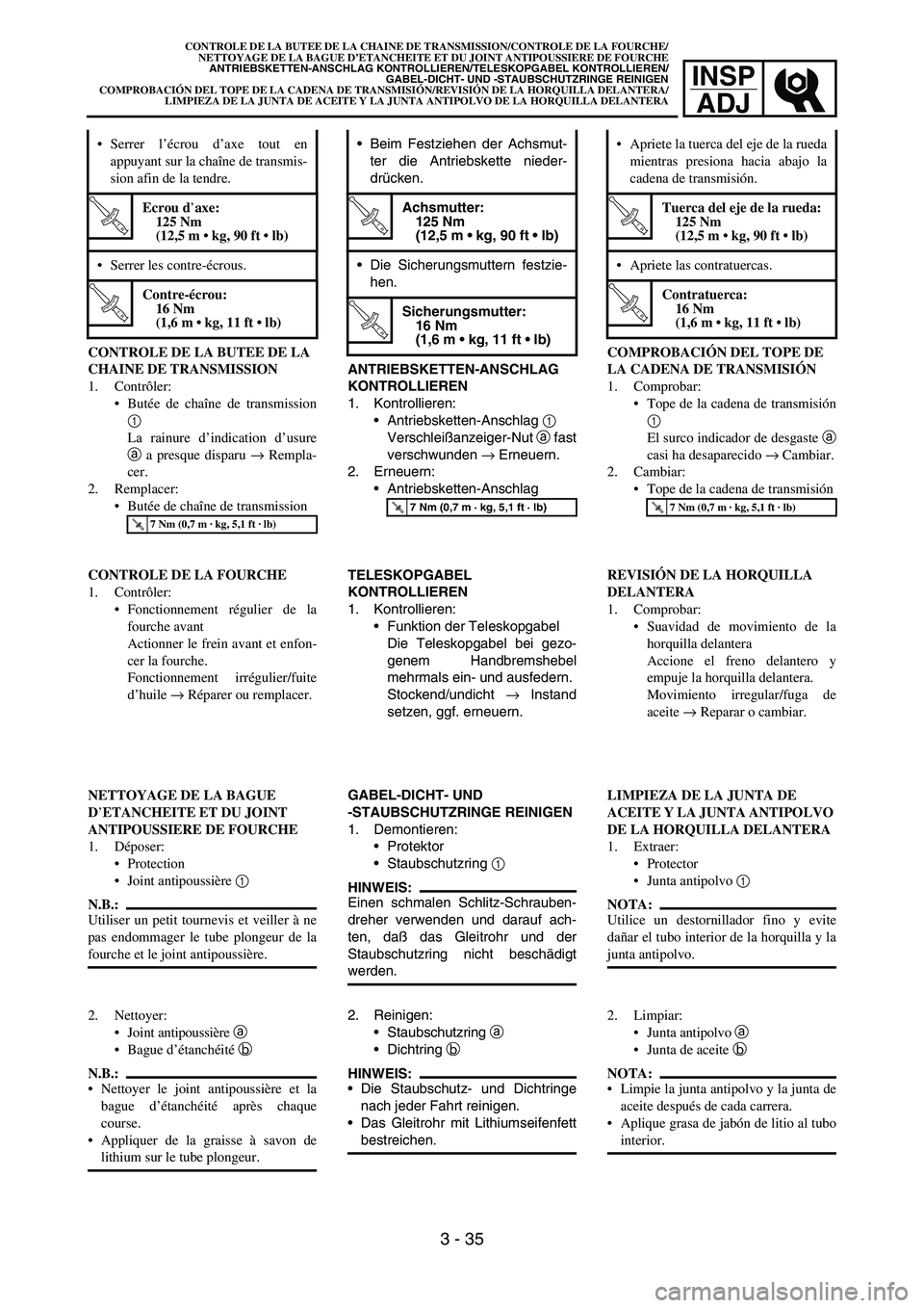 YAMAHA WR 450F 2005  Owners Manual INSP
ADJ
CONTROLE DE LA BUTEE DE LA 
CHAINE DE TRANSMISSION
1. Contrôler:
Butée de chaîne de transmission
1 
La rainure d’indication d’usure
a a presque disparu → Rempla-
cer.
2. Remplacer:
