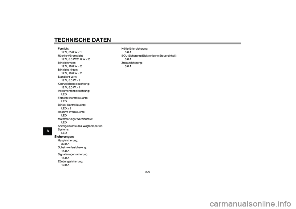 YAMAHA XCITY 125 2009  Betriebsanleitungen (in German) TECHNISCHE DATEN
8-3
8
Fernlicht:
12 V, 55.0 W × 1
Rücklicht/Bremslicht:
12 V, 5.0 W/21.0 W × 2
Blinklicht vorn:
12 V, 10.0 W × 2
Blinklicht hinten:
12 V, 10.0 W × 2
Standlicht vorn:
12 V, 5.0 W 