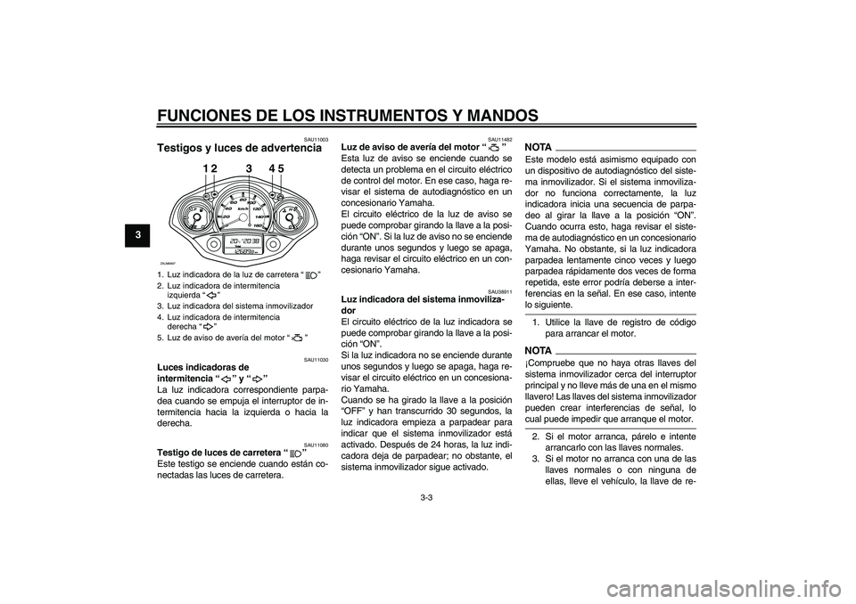 YAMAHA XCITY 125 2009 Manuale de Empleo (in Spanish) FUNCIONES DE LOS INSTRUMENTOS Y MANDOS
3-3
3
SAU11003
Testigos y luces de advertencia
SAU11030
Luces indicadoras de
intermitencia“” y“”
La luz indicadora correspondiente parpa-
dea cuando s YAMAHA XCITY 125 2009 Manuale de Empleo (in Spanish) FUNCIONES DE LOS INSTRUMENTOS Y MANDOS
3-3
3
SAU11003
Testigos y luces de advertencia
SAU11030
Luces indicadoras de
intermitencia“” y“”
La luz indicadora correspondiente parpa-
dea cuando s