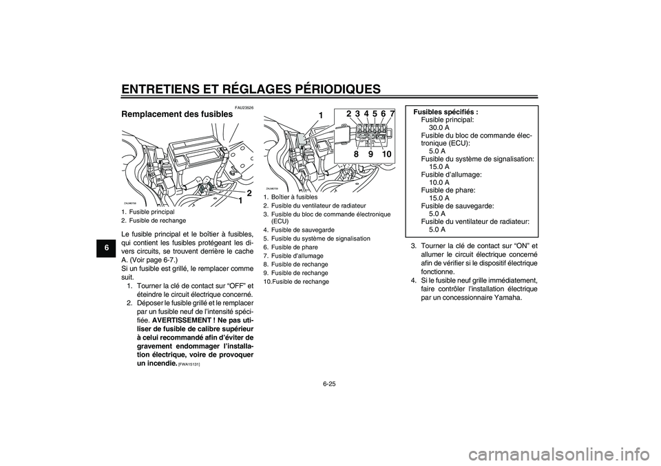 YAMAHA XCITY 125 2009 Notices Demploi (in French) ENTRETIENS ET RÉGLAGES PÉRIODIQUES
6-25
6
FAU23526
Remplacement des fusibles Le fusible principal et le boîtier à fusibles,
qui contient les fusibles protégeant les di-
vers circuits, se trouvent YAMAHA XCITY 125 2009 Notices Demploi (in French) ENTRETIENS ET RÉGLAGES PÉRIODIQUES
6-25
6
FAU23526
Remplacement des fusibles Le fusible principal et le boîtier à fusibles,
qui contient les fusibles protégeant les di-
vers circuits, se trouvent