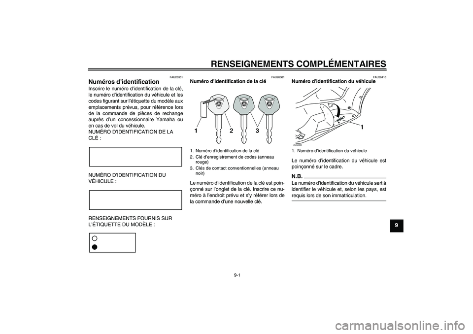 YAMAHA XCITY 125 2009 Notices Demploi (in French) RENSEIGNEMENTS COMPLÉMENTAIRES
9-1
9
FAU26351
Numéros d’identification Inscrire le numéro d’identification de la clé,
le numéro d’identification du véhicule et les
codes figurant sur l’ YAMAHA XCITY 125 2009 Notices Demploi (in French) RENSEIGNEMENTS COMPLÉMENTAIRES
9-1
9
FAU26351
Numéros d’identification Inscrire le numéro d’identification de la clé,
le numéro d’identification du véhicule et les
codes figurant sur l’