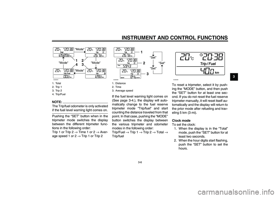 YAMAHA XCITY 125 2008 Owners Manual INSTRUMENT AND CONTROL FUNCTIONS
3-6
3
NOTE:
The Trip/fuel odometer is only activatedif the fuel level warning light comes on.
Pushing the “SET” button when in the
tripmeter mode switches the disp YAMAHA XCITY 125 2008 Owners Manual INSTRUMENT AND CONTROL FUNCTIONS
3-6
3
NOTE:
The Trip/fuel odometer is only activatedif the fuel level warning light comes on.
Pushing the “SET” button when in the
tripmeter mode switches the disp