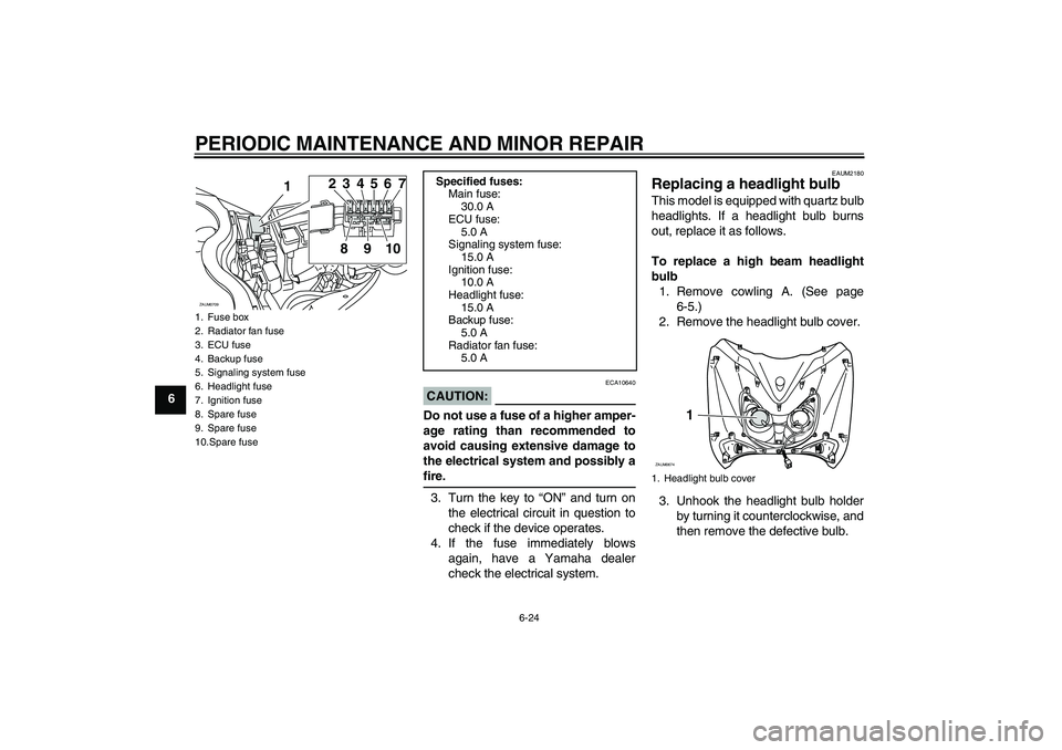 YAMAHA XCITY 125 2008  Owners Manual PERIODIC MAINTENANCE AND MINOR REPAIR
6-24
6
CAUTION:
ECA10640
Do not use a fuse of a higher amper-
age rating than recommended to
avoid causing extensive damage to
the electrical system and possibly 
