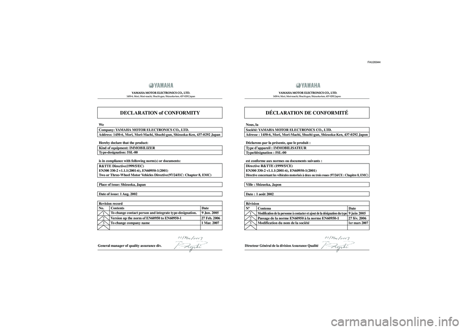 YAMAHA XCITY 125 2008 Notices Demploi (in French) FAU26944
DECLARATION of CONFORMITY
YAMAHA MOTOR ELECTRONICS CO., LTD.1450-6, Mori, Mori-machi, Shuchi-gun, Shizuoka-ken, 437-0292 Japan
General manager of quality assurance div.
DÉCLARATION DE CONFOR YAMAHA XCITY 125 2008 Notices Demploi (in French) FAU26944
DECLARATION of CONFORMITY
YAMAHA MOTOR ELECTRONICS CO., LTD.1450-6, Mori, Mori-machi, Shuchi-gun, Shizuoka-ken, 437-0292 Japan
General manager of quality assurance div.
DÉCLARATION DE CONFOR