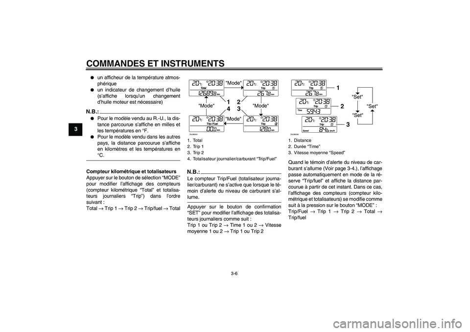 YAMAHA XCITY 125 2008 Notices Demploi (in French) COMMANDES ET INSTRUMENTS
3-6
3
un afficheur de la température atmos-
phérique
un indicateur de changement d’huile
(s’affiche lorsqu’un changement
d’huile moteur est nécessaire)
N.B.:
P YAMAHA XCITY 125 2008 Notices Demploi (in French) COMMANDES ET INSTRUMENTS
3-6
3
un afficheur de la température atmos-
phérique
un indicateur de changement d’huile
(s’affiche lorsqu’un changement
d’huile moteur est nécessaire)
N.B.:
P
