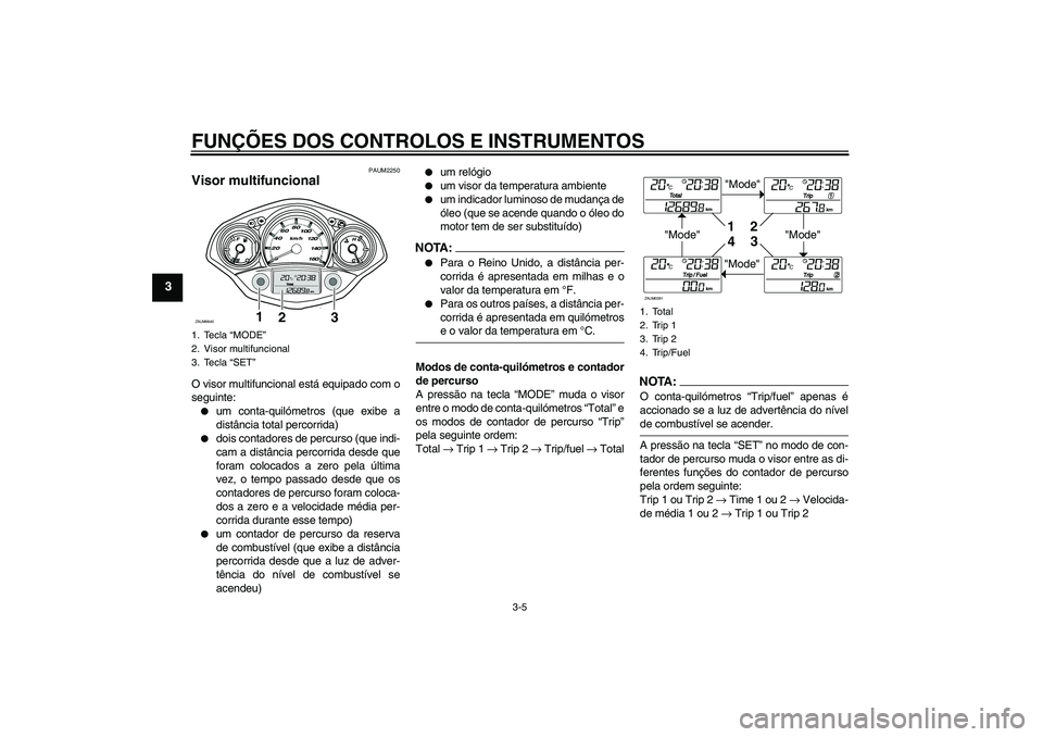 YAMAHA XCITY 125 2008 Manual de utilização (in Portuguese) FUNÇÕES DOS CONTROLOS E INSTRUMENTOS
3-5
3
PAUM2250
Visor multifuncional O visor multifuncional está equipado com o
seguinte:
um conta-quilómetros (que exibe a
distância total percorrida)
dois YAMAHA XCITY 125 2008 Manual de utilização (in Portuguese) FUNÇÕES DOS CONTROLOS E INSTRUMENTOS
3-5
3
PAUM2250
Visor multifuncional O visor multifuncional está equipado com o
seguinte:
um conta-quilómetros (que exibe a
distância total percorrida)
dois
