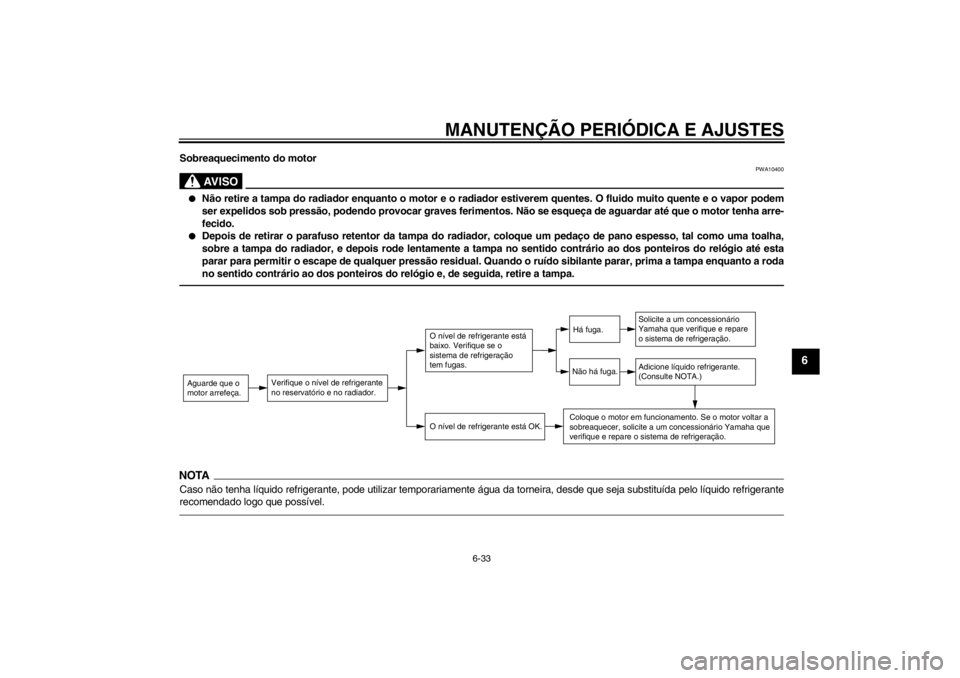 YAMAHA XCITY 250 2012  Manual de utilização (in Portuguese) MANUTENÇÃO PERIÓDICA E AJUSTES
6-33
6
Sobreaquecimento do motor
AV I S O
PWA10400
●
Não retire a tampa do radiador enquanto o motor e o radiador estiverem quentes. O fluido muito quente e o vapo