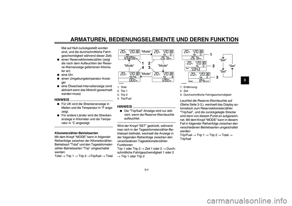 YAMAHA XCITY 250 2010 Betriebsanleitungen (in German) ARMATUREN, BEDIENUNGSELEMENTE UND DEREN FUNKTION
3-4
3
Mal auf Null zurückgestellt worden
sind, und die durchschnittliche Fahrt-
geschwindigkeit während dieser Zeit)
einen Reservekilometerzähler YAMAHA XCITY 250 2010 Betriebsanleitungen (in German) ARMATUREN, BEDIENUNGSELEMENTE UND DEREN FUNKTION
3-4
3
Mal auf Null zurückgestellt worden
sind, und die durchschnittliche Fahrt-
geschwindigkeit während dieser Zeit)
einen Reservekilometerzähler