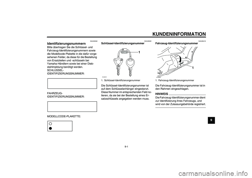 YAMAHA XCITY 250 2010 Betriebsanleitungen (in German) KUNDENINFORMATION
9-1
9
GAU26352
Identifizierungsnummern Bitte übertragen Sie die Schlüssel- und
Fahrzeug-Identifizierungsnummern sowie
die Modellcode-Plakette in die dafür vorge-
sehenen Felder, YAMAHA XCITY 250 2010 Betriebsanleitungen (in German) KUNDENINFORMATION
9-1
9
GAU26352
Identifizierungsnummern Bitte übertragen Sie die Schlüssel- und
Fahrzeug-Identifizierungsnummern sowie
die Modellcode-Plakette in die dafür vorge-
sehenen Felder,