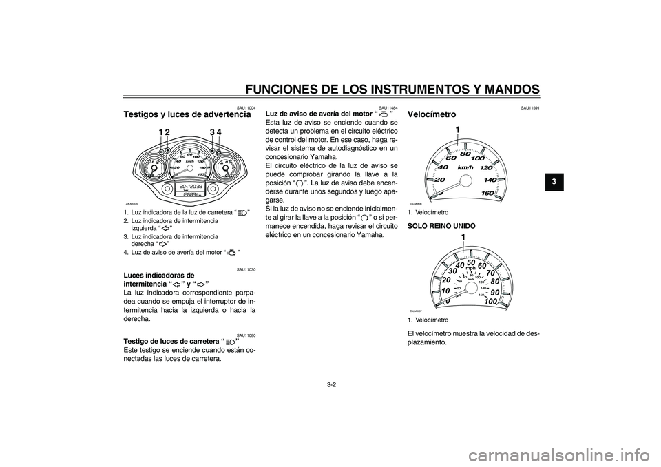 YAMAHA XCITY 250 2010 Manuale de Empleo (in Spanish) FUNCIONES DE LOS INSTRUMENTOS Y MANDOS
3-2
3
SAU11004
Testigos y luces de advertencia
SAU11030
Luces indicadoras de
intermitencia“” y“”
La luz indicadora correspondiente parpa-
dea cuando s YAMAHA XCITY 250 2010 Manuale de Empleo (in Spanish) FUNCIONES DE LOS INSTRUMENTOS Y MANDOS
3-2
3
SAU11004
Testigos y luces de advertencia
SAU11030
Luces indicadoras de
intermitencia“” y“”
La luz indicadora correspondiente parpa-
dea cuando s