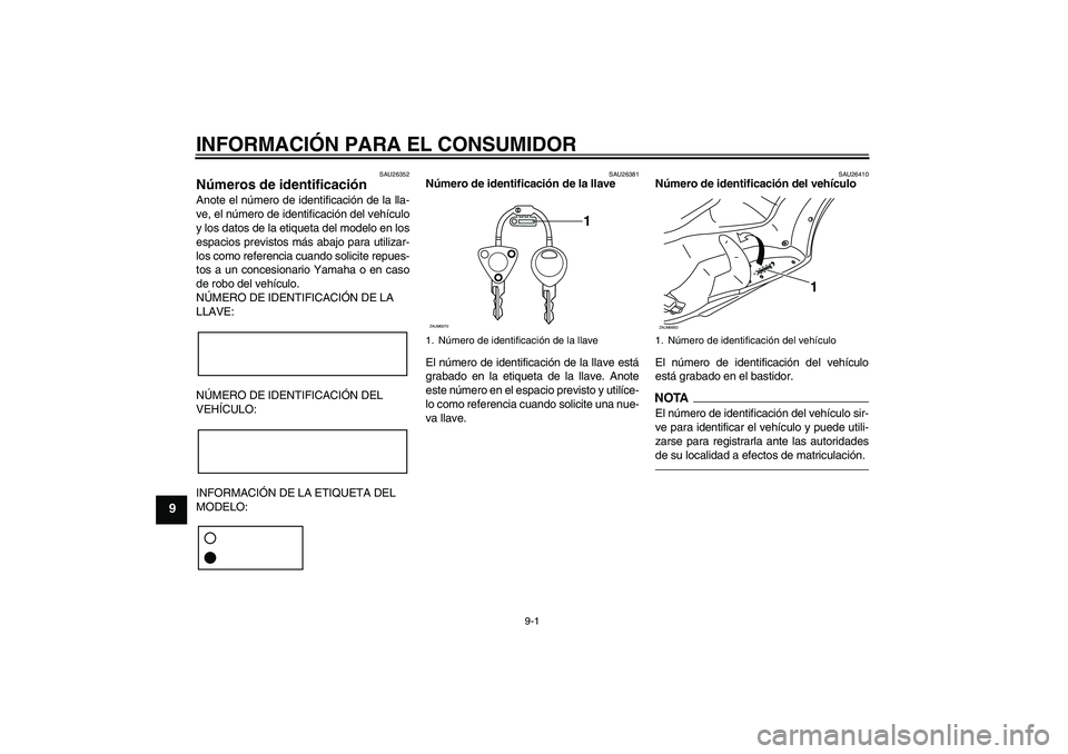 YAMAHA XCITY 250 2010 Manuale de Empleo (in Spanish) INFORMACIÓN PARA EL CONSUMIDOR
9-1
9
SAU26352
Números de identificación Anote el número de identificación de la lla-
ve, el número de identificación del vehículo
y los datos de la etiqueta del YAMAHA XCITY 250 2010 Manuale de Empleo (in Spanish) INFORMACIÓN PARA EL CONSUMIDOR
9-1
9
SAU26352
Números de identificación Anote el número de identificación de la lla-
ve, el número de identificación del vehículo
y los datos de la etiqueta del