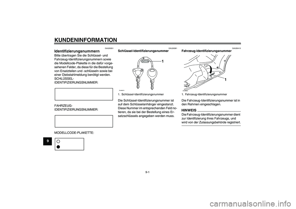YAMAHA XCITY 250 2009 Betriebsanleitungen (in German) KUNDENINFORMATION
9-1
9
GAU26351
Identifizierungsnummern Bitte übertragen Sie die Schlüssel- und
Fahrzeug-Identifizierungsnummern sowie
die Modellcode-Plakette in die dafür vorge-
sehenen Felder, YAMAHA XCITY 250 2009 Betriebsanleitungen (in German) KUNDENINFORMATION
9-1
9
GAU26351
Identifizierungsnummern Bitte übertragen Sie die Schlüssel- und
Fahrzeug-Identifizierungsnummern sowie
die Modellcode-Plakette in die dafür vorge-
sehenen Felder,