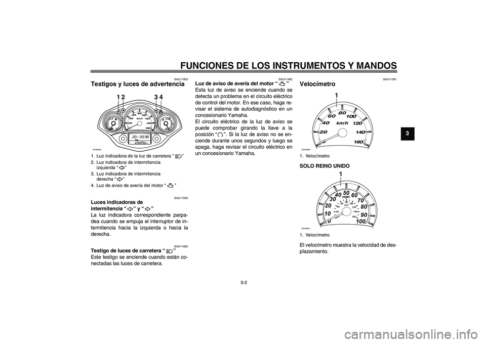 YAMAHA XCITY 250 2009 Manuale de Empleo (in Spanish) FUNCIONES DE LOS INSTRUMENTOS Y MANDOS
3-2
3
SAU11003
Testigos y luces de advertencia
SAU11030
Luces indicadoras de
intermitencia“” y“”
La luz indicadora correspondiente parpa-
dea cuando s YAMAHA XCITY 250 2009 Manuale de Empleo (in Spanish) FUNCIONES DE LOS INSTRUMENTOS Y MANDOS
3-2
3
SAU11003
Testigos y luces de advertencia
SAU11030
Luces indicadoras de
intermitencia“” y“”
La luz indicadora correspondiente parpa-
dea cuando s