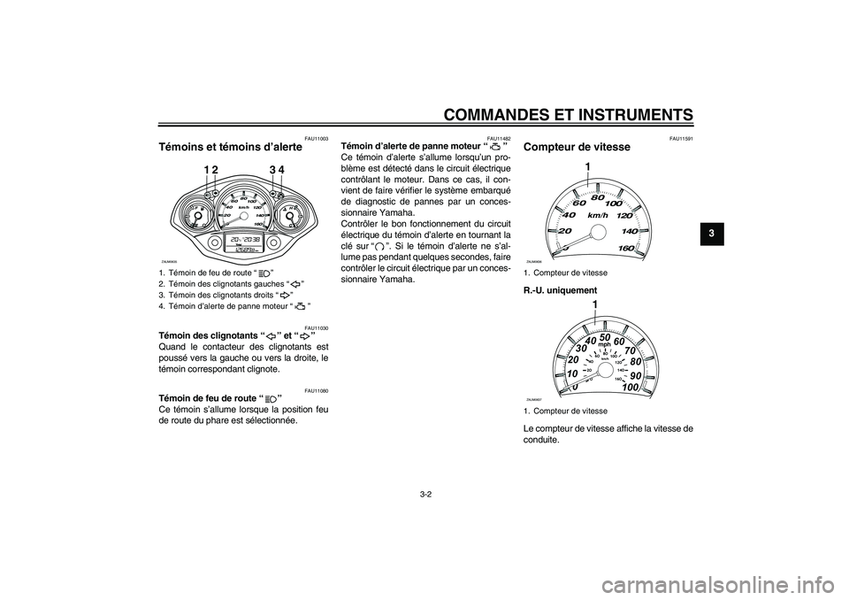YAMAHA XCITY 250 2009 Notices Demploi (in French) COMMANDES ET INSTRUMENTS
3-2
3
FAU11003
Témoins et témoins d’alerte
FAU11030
Témoin des clignotants“” et“”
Quand le contacteur des clignotants est
poussé vers la gauche ou vers la droi YAMAHA XCITY 250 2009 Notices Demploi (in French) COMMANDES ET INSTRUMENTS
3-2
3
FAU11003
Témoins et témoins d’alerte
FAU11030
Témoin des clignotants“” et“”
Quand le contacteur des clignotants est
poussé vers la gauche ou vers la droi