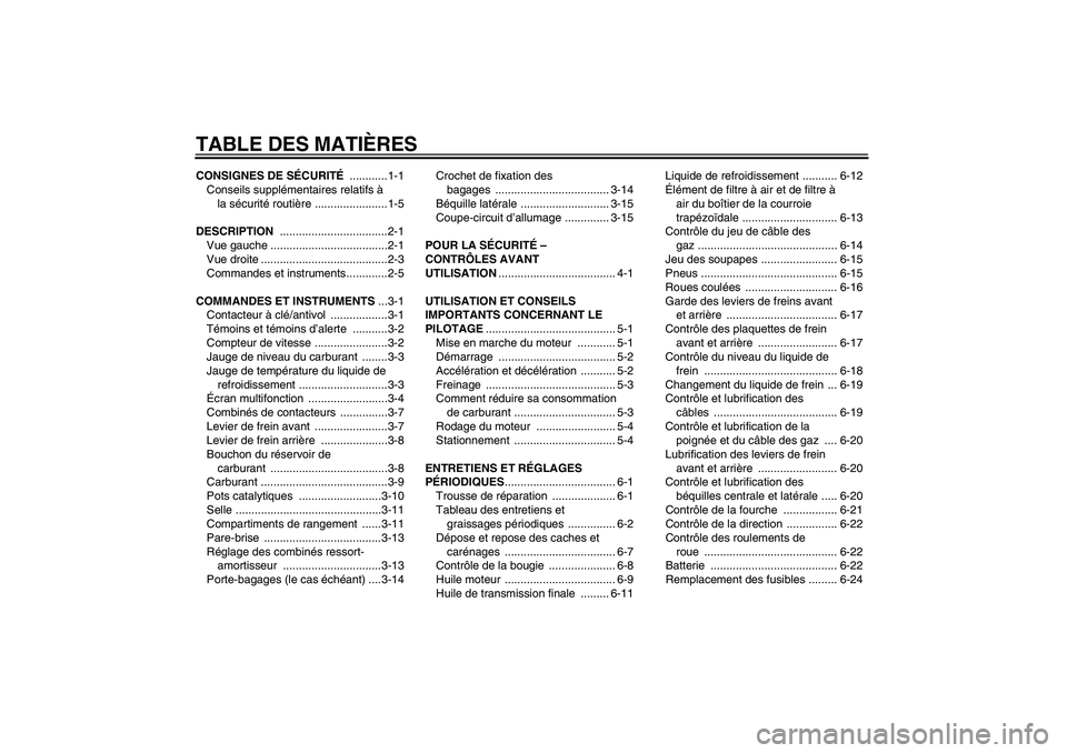 YAMAHA XCITY 250 2009 Notices Demploi (in French) TABLE DES MATIÈRESCONSIGNES DE SÉCURITÉ ............1-1
Conseils supplémentaires relatifs à
la sécurité routière .......................1-5
DESCRIPTION ..................................2-1
V YAMAHA XCITY 250 2009 Notices Demploi (in French) TABLE DES MATIÈRESCONSIGNES DE SÉCURITÉ ............1-1
Conseils supplémentaires relatifs à
la sécurité routière .......................1-5
DESCRIPTION ..................................2-1
V