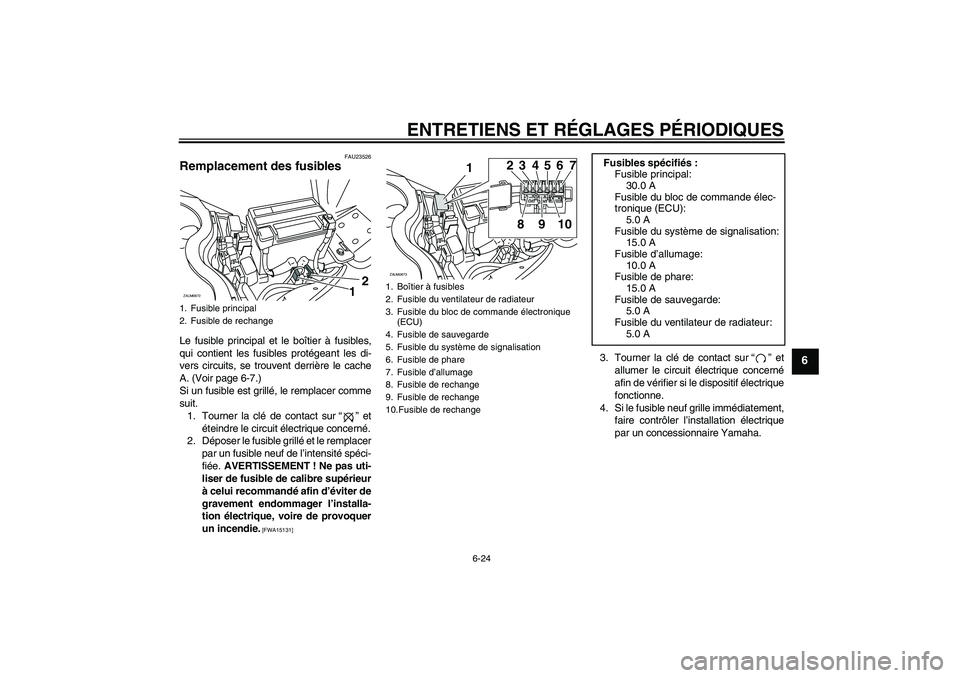 YAMAHA XCITY 250 2009 Notices Demploi (in French) ENTRETIENS ET RÉGLAGES PÉRIODIQUES
6-24
6
FAU23526
Remplacement des fusibles Le fusible principal et le boîtier à fusibles,
qui contient les fusibles protégeant les di-
vers circuits, se trouvent YAMAHA XCITY 250 2009 Notices Demploi (in French) ENTRETIENS ET RÉGLAGES PÉRIODIQUES
6-24
6
FAU23526
Remplacement des fusibles Le fusible principal et le boîtier à fusibles,
qui contient les fusibles protégeant les di-
vers circuits, se trouvent
