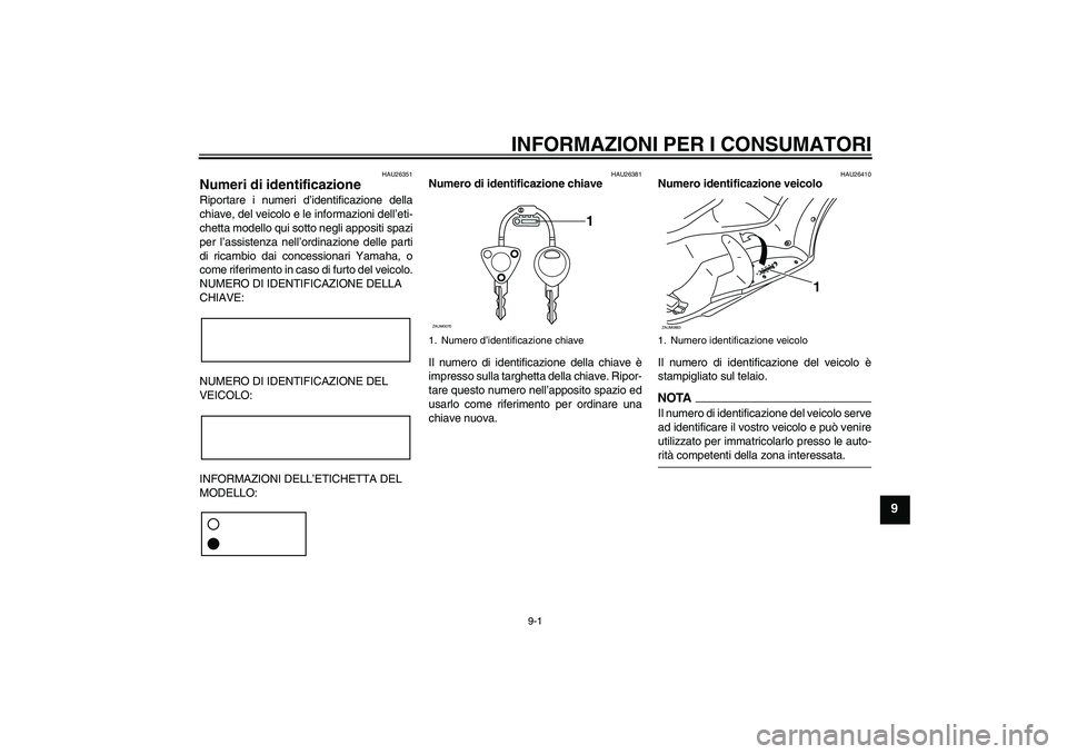 YAMAHA XCITY 250 2009 Manuale duso (in Italian) INFORMAZIONI PER I CONSUMATORI
9-1
9
HAU26351
Numeri di identificazione Riportare i numeri d’identificazione della
chiave, del veicolo e le informazioni dell’eti-
chetta modello qui sotto negli ap YAMAHA XCITY 250 2009 Manuale duso (in Italian) INFORMAZIONI PER I CONSUMATORI
9-1
9
HAU26351
Numeri di identificazione Riportare i numeri d’identificazione della
chiave, del veicolo e le informazioni dell’eti-
chetta modello qui sotto negli ap