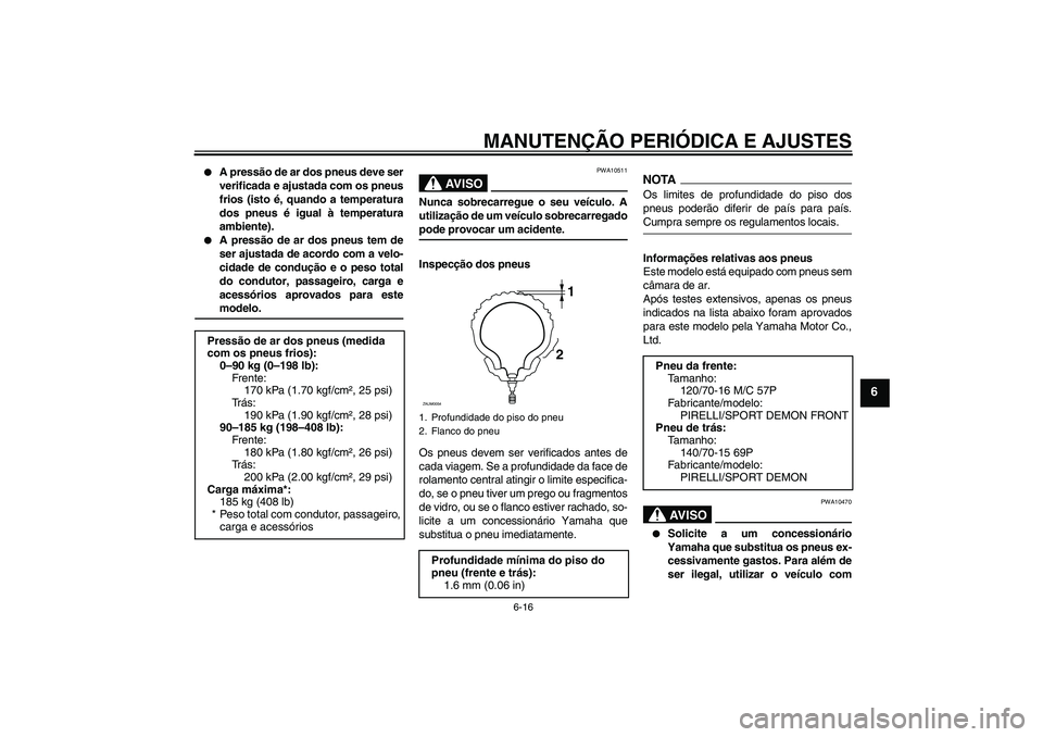 YAMAHA XCITY 250 2009 Manual de utilização (in Portuguese) MANUTENÇÃO PERIÓDICA E AJUSTES
6-16
6
A pressão de ar dos pneus deve ser
verificada e ajustada com os pneus
frios (isto é, quando a temperatura
dos pneus é igual à temperatura
ambiente).
A YAMAHA XCITY 250 2009 Manual de utilização (in Portuguese) MANUTENÇÃO PERIÓDICA E AJUSTES
6-16
6
A pressão de ar dos pneus deve ser
verificada e ajustada com os pneus
frios (isto é, quando a temperatura
dos pneus é igual à temperatura
ambiente).
A