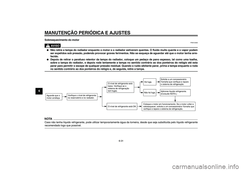 YAMAHA XCITY 250 2009 Manual de utilização (in Portuguese) MANUTENÇÃO PERIÓDICA E AJUSTES
6-31
6
Sobreaquecimento do motor
AV I S O
PWA10400
Não retire a tampa do radiador enquanto o motor e o radiador estiverem quentes. O fluido muito quente e o vapor YAMAHA XCITY 250 2009 Manual de utilização (in Portuguese) MANUTENÇÃO PERIÓDICA E AJUSTES
6-31
6
Sobreaquecimento do motor
AV I S O
PWA10400
Não retire a tampa do radiador enquanto o motor e o radiador estiverem quentes. O fluido muito quente e o vapor