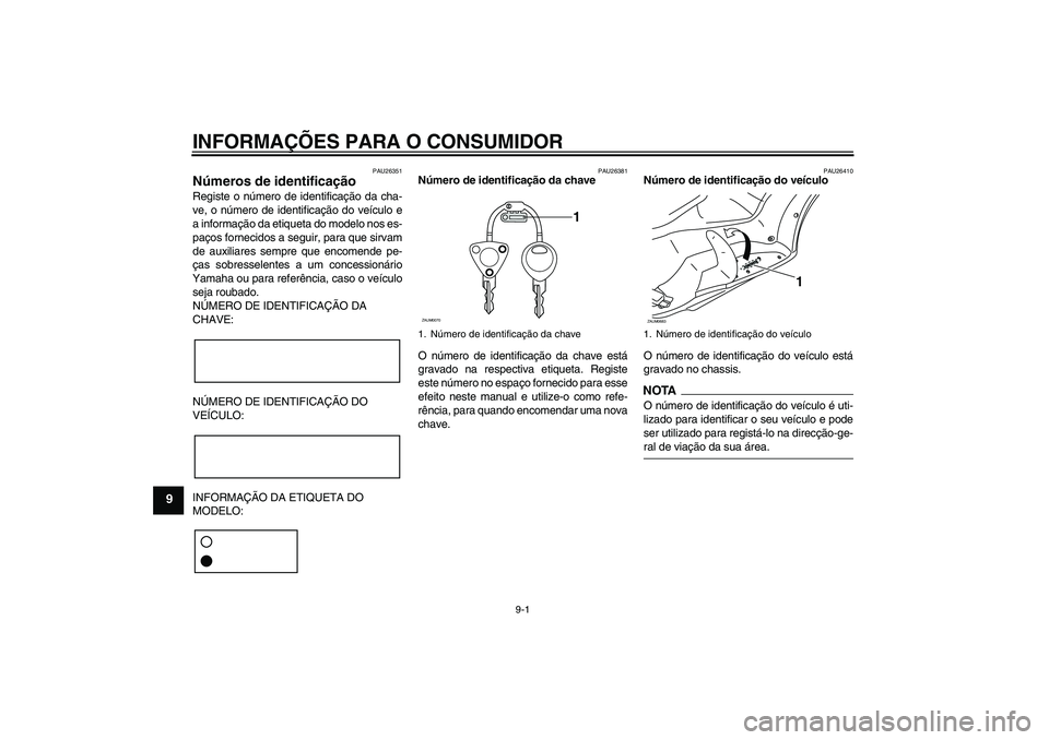 YAMAHA XCITY 250 2009 Manual de utilização (in Portuguese) INFORMAÇÕES PARA O CONSUMIDOR
9-1
9
PAU26351
Números de identificação Registe o número de identificação da cha-
ve, o número de identificação do veículo e
a informação da etiqueta do mod YAMAHA XCITY 250 2009 Manual de utilização (in Portuguese) INFORMAÇÕES PARA O CONSUMIDOR
9-1
9
PAU26351
Números de identificação Registe o número de identificação da cha-
ve, o número de identificação do veículo e
a informação da etiqueta do mod