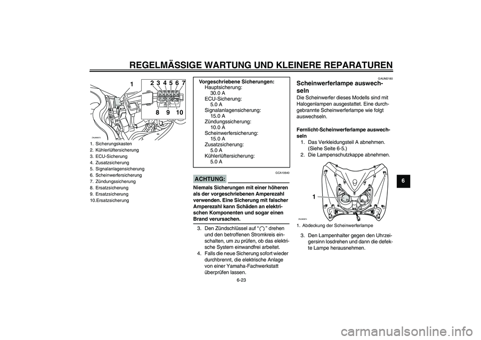 YAMAHA XCITY 250 2007 Betriebsanleitungen (in German) REGELMÄSSIGE WARTUNG UND KLEINERE REPARATUREN
6-23
6
ACHTUNG:
GCA10640
Niemals Sicherungen mit einer höheren
als der vorgeschriebenen Amperezahl
verwenden. Eine Sicherung mit falscher
Amperezahl YAMAHA XCITY 250 2007 Betriebsanleitungen (in German) REGELMÄSSIGE WARTUNG UND KLEINERE REPARATUREN
6-23
6
ACHTUNG:
GCA10640
Niemals Sicherungen mit einer höheren
als der vorgeschriebenen Amperezahl
verwenden. Eine Sicherung mit falscher
Amperezahl