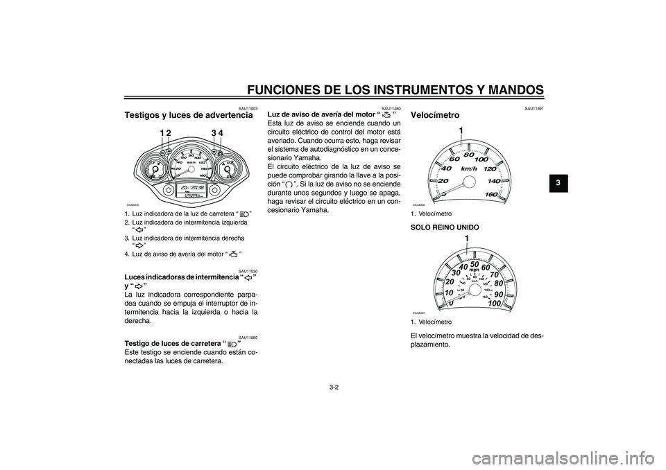 YAMAHA XCITY 250 2008 Manuale de Empleo (in Spanish) FUNCIONES DE LOS INSTRUMENTOS Y MANDOS
3-2
3
SAU11003
Testigos y luces de advertencia
SAU11030
Luces indicadoras de intermitencia “”
y “”
La luz indicadora correspondiente parpa-
dea cuando YAMAHA XCITY 250 2008 Manuale de Empleo (in Spanish) FUNCIONES DE LOS INSTRUMENTOS Y MANDOS
3-2
3
SAU11003
Testigos y luces de advertencia
SAU11030
Luces indicadoras de intermitencia “”
y “”
La luz indicadora correspondiente parpa-
dea cuando
