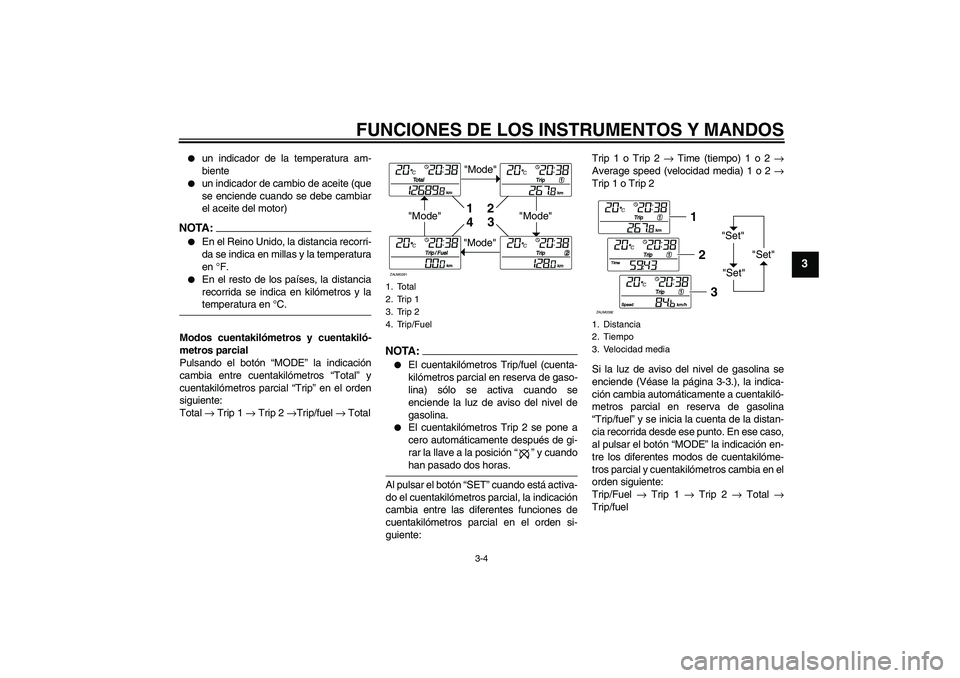 YAMAHA XCITY 250 2008 Manuale de Empleo (in Spanish) FUNCIONES DE LOS INSTRUMENTOS Y MANDOS
3-4
3
un indicador de la temperatura am-
biente
un indicador de cambio de aceite (que
se enciende cuando se debe cambiar
el aceite del motor)
NOTA :
En el R YAMAHA XCITY 250 2008 Manuale de Empleo (in Spanish) FUNCIONES DE LOS INSTRUMENTOS Y MANDOS
3-4
3
un indicador de la temperatura am-
biente
un indicador de cambio de aceite (que
se enciende cuando se debe cambiar
el aceite del motor)
NOTA :
En el R