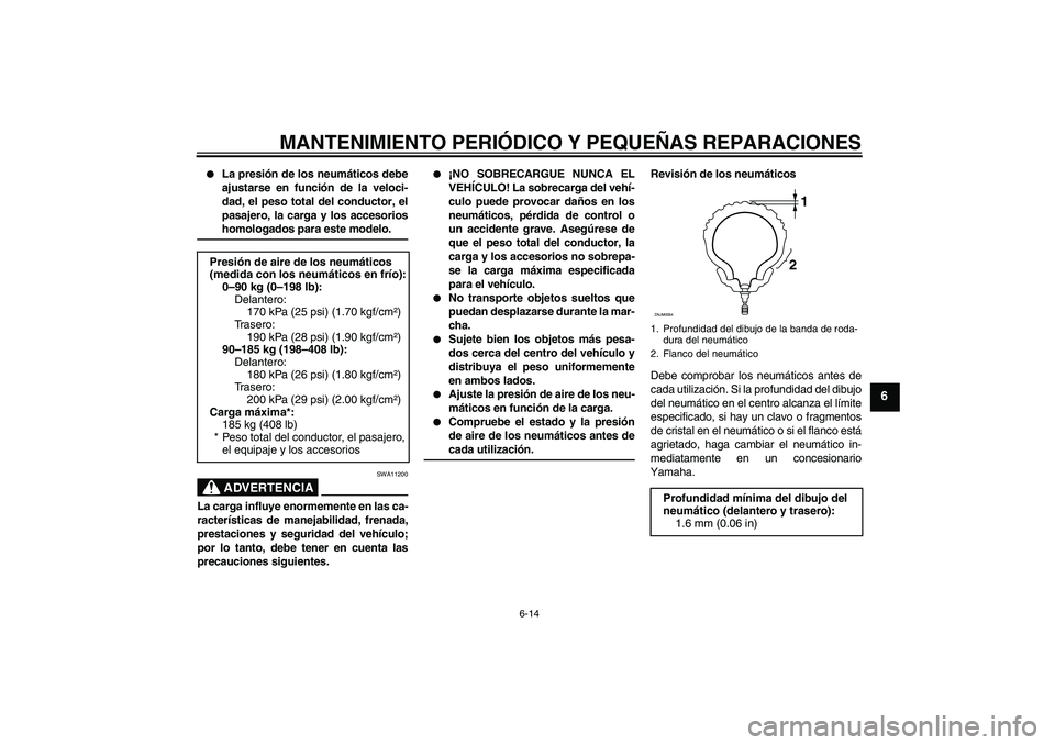 YAMAHA XCITY 250 2008 Manuale de Empleo (in Spanish) MANTENIMIENTO PERIÓDICO Y PEQUEÑAS REPARACIONES
6-14
6
La presión de los neumáticos debe
ajustarse en función de la veloci-
dad, el peso total del conductor, el
pasajero, la carga y los accesor YAMAHA XCITY 250 2008 Manuale de Empleo (in Spanish) MANTENIMIENTO PERIÓDICO Y PEQUEÑAS REPARACIONES
6-14
6
La presión de los neumáticos debe
ajustarse en función de la veloci-
dad, el peso total del conductor, el
pasajero, la carga y los accesor