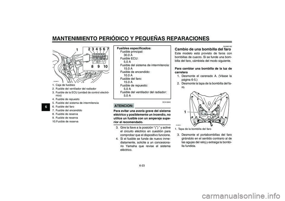 YAMAHA XCITY 250 2008 Manuale de Empleo (in Spanish) MANTENIMIENTO PERIÓDICO Y PEQUEÑAS REPARACIONES
6-23
6
ATENCION:
SCA10640
Para evitar una avería grave del sistema
eléctrico y posiblemente un incendio, no
utilice un fusible con un amperaje supe- YAMAHA XCITY 250 2008 Manuale de Empleo (in Spanish) MANTENIMIENTO PERIÓDICO Y PEQUEÑAS REPARACIONES
6-23
6
ATENCION:
SCA10640
Para evitar una avería grave del sistema
eléctrico y posiblemente un incendio, no
utilice un fusible con un amperaje supe-