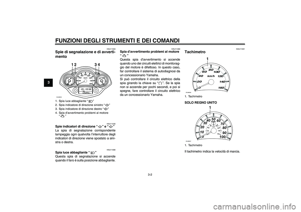 YAMAHA XCITY 250 2008  Manuale duso (in Italian) FUNZIONI DEGLI STRUMENTI E DEI COMANDI
3-2
3
HAU11003
Spie di segnalazione e di avverti-
mento 
HAU11030
Spie indicatori di direzione “” e “” 
La spia di segnalazione corrispondente
lampeggia 