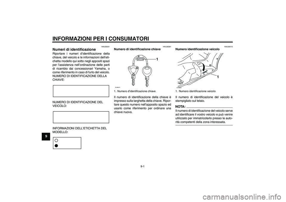 YAMAHA XCITY 250 2008  Manuale duso (in Italian) INFORMAZIONI PER I CONSUMATORI
9-1
9
HAU26351
Numeri di identificazione Riportare i numeri d’identificazione della
chiave, del veicolo e le informazioni dell’eti-
chetta modello qui sotto negli ap