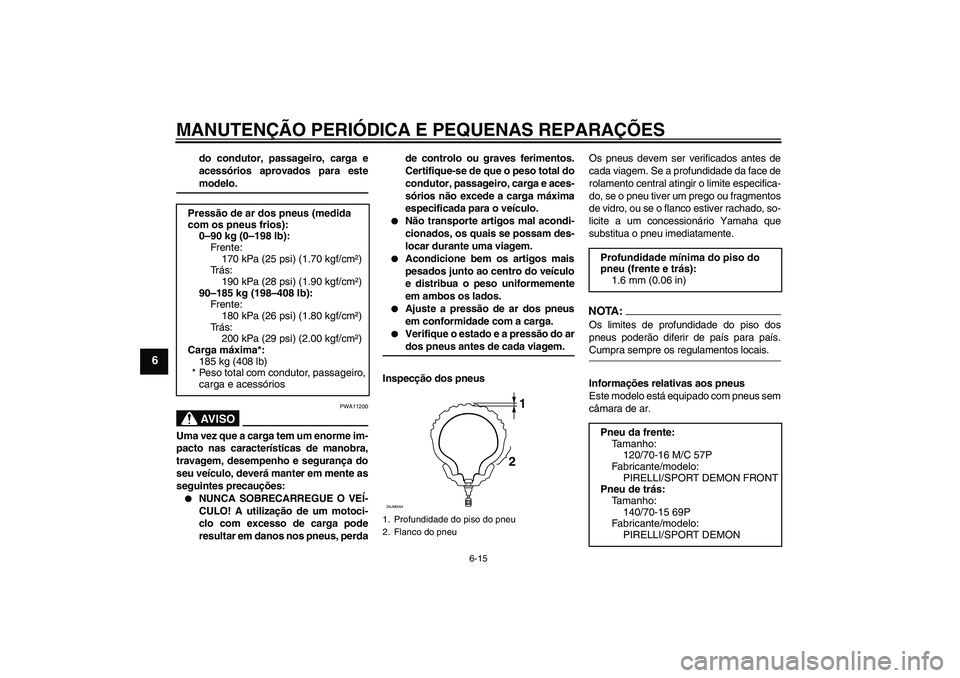 YAMAHA XCITY 250 2008 Manual de utilização (in Portuguese) MANUTENÇÃO PERIÓDICA E PEQUENAS REPARAÇÕES
6-15
6
do condutor, passageiro, carga e
acessórios aprovados para estemodelo.AV I S O
PWA11200
Uma vez que a carga tem um enorme im-
pacto nas caracter YAMAHA XCITY 250 2008 Manual de utilização (in Portuguese) MANUTENÇÃO PERIÓDICA E PEQUENAS REPARAÇÕES
6-15
6
do condutor, passageiro, carga e
acessórios aprovados para estemodelo.AV I S O
PWA11200
Uma vez que a carga tem um enorme im-
pacto nas caracter
