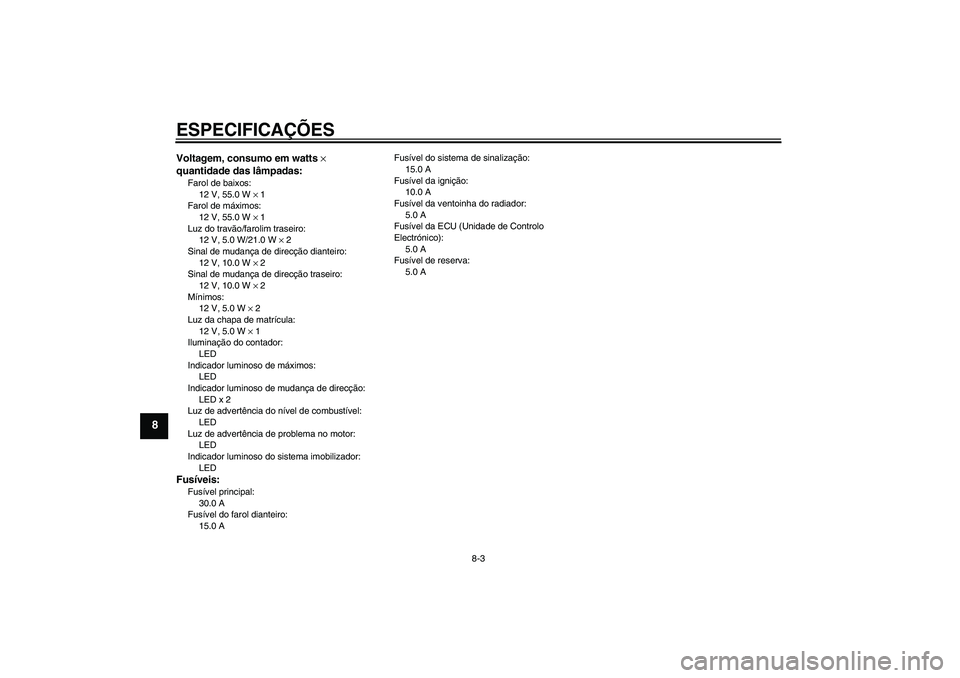 YAMAHA XCITY 250 2008  Manual de utilização (in Portuguese) ESPECIFICAÇÕES
8-3
8
Voltagem, consumo em watts × 
quantidade das lâmpadas:Farol de baixos:
12 V, 55.0 W × 1
Farol de máximos:
12 V, 55.0 W × 1
Luz do travão/farolim traseiro:
12 V, 5.0 W/21.0