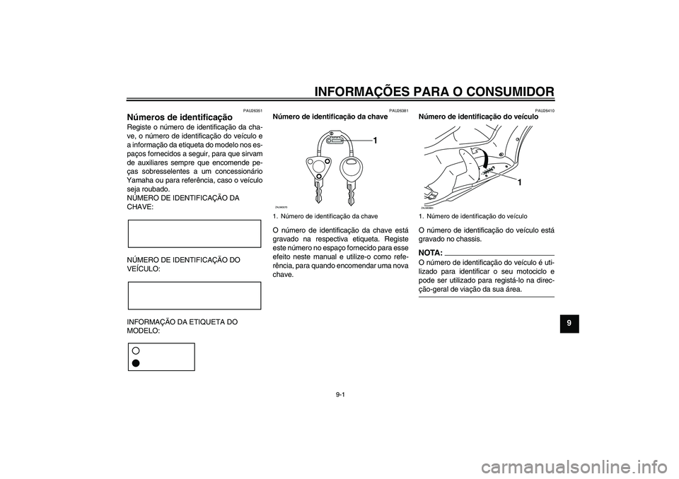 YAMAHA XCITY 250 2008 Manual de utilização (in Portuguese) INFORMAÇÕES PARA O CONSUMIDOR
9-1
9
PAU26351
Números de identificação Registe o número de identificação da cha-
ve, o número de identificação do veículo e
a informação da etiqueta do mod YAMAHA XCITY 250 2008 Manual de utilização (in Portuguese) INFORMAÇÕES PARA O CONSUMIDOR
9-1
9
PAU26351
Números de identificação Registe o número de identificação da cha-
ve, o número de identificação do veículo e
a informação da etiqueta do mod