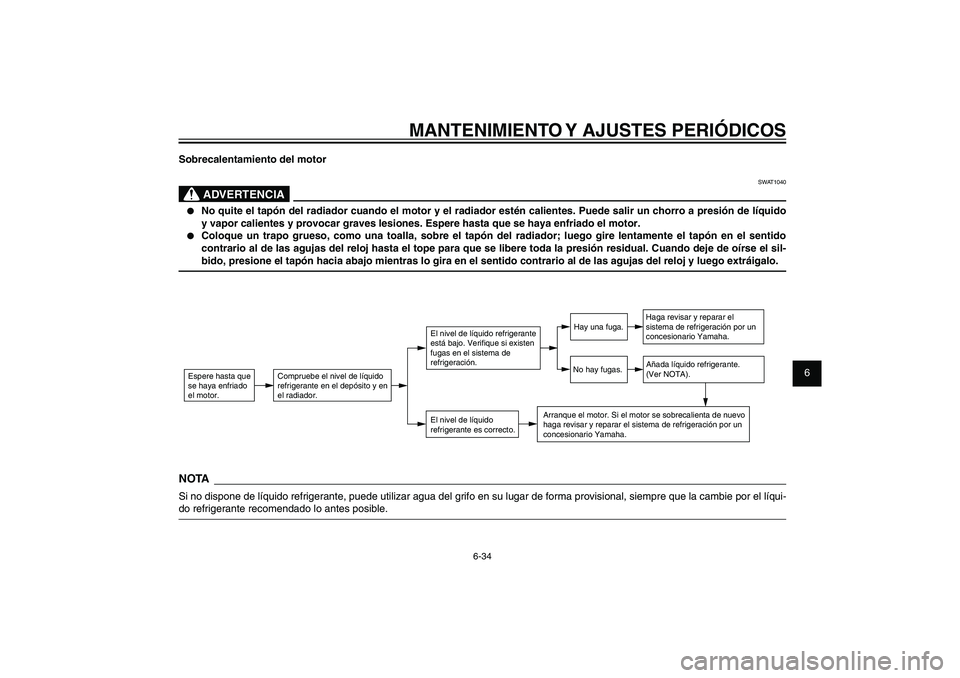 YAMAHA XENTER 125 2012  Manuale de Empleo (in Spanish) 1
2
3
4
5
6
7
8
9
6-34
SAU1722A
MANTENIMIENTO Y AJUSTES PERIÓDICOS
Sobrecalentamiento del motor
SWAT1040
ADVERTENCIA
●  No quite el tapón del radiador cuando el motor y el radiador estén caliente
