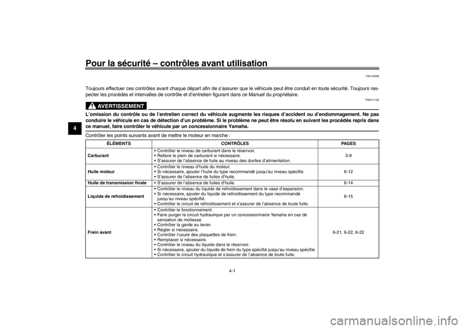 YAMAHA XENTER 150 2016  Notices Demploi (in French) 4-1
1
2
34
5
6
7
8
9
10
11
12
Pour la sécurité – contrôles avant utilisation
FAU15599
Toujours effectuer ces contrôles avant chaque départ afin de s’assu rer que le véhicule peut être condu