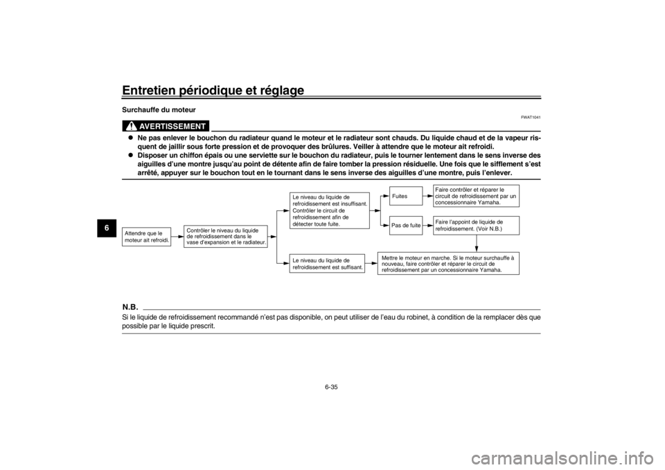 YAMAHA XENTER 150 2016  Notices Demploi (in French) Entretien périodique et réglage
6-35
1
2
3
4
56
7
8
9
10
11
12
Surchauffe du moteur
AVERTISSEMENT
FWAT1041

Ne pas enlever le bouchon du radiateur quand le moteur et le radi ateur sont chauds. Du