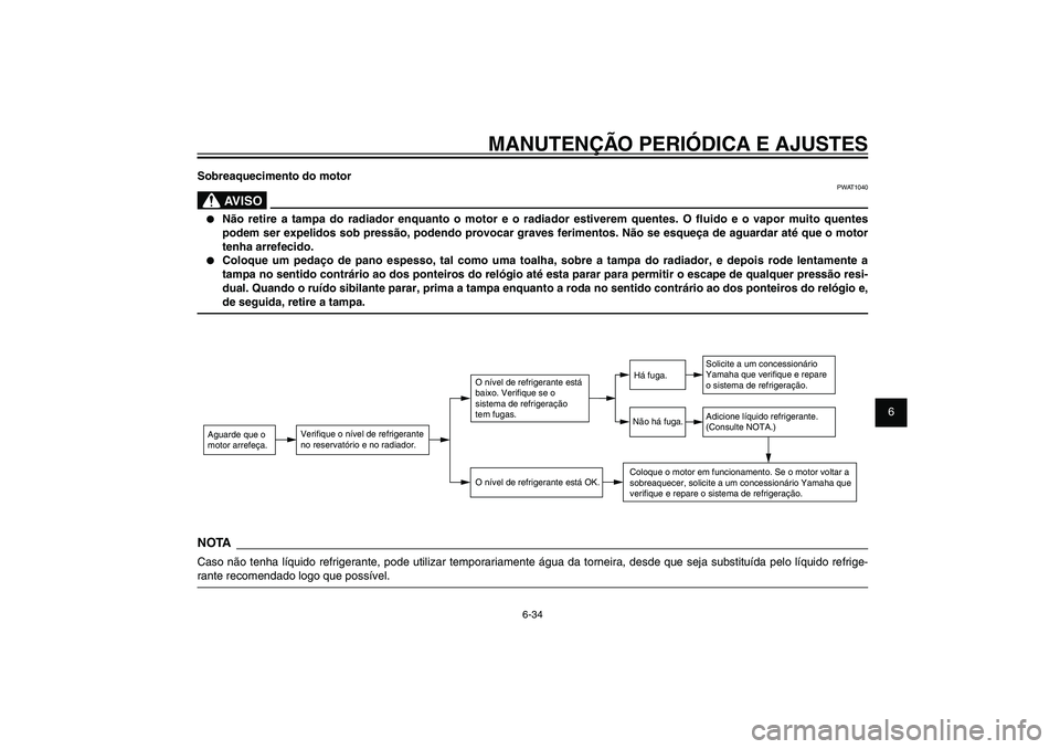 YAMAHA XENTER 150 2012  Manual de utilização (in Portuguese) 1
2
3
4
5
6
7
8
9
6-34
PAU1722A
MANUTENÇÃO PERIÓDICA E AJUSTES
Sobreaquecimento do motor
PWAT1040
AVISO
●  Não retire a tampa do radiador enquanto o motor e o radiador estiverem quentes. O � uid